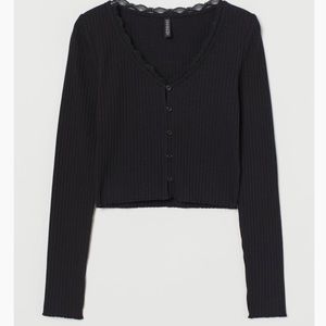 H&M ribbed long sleeve button down top, size S, colour:black